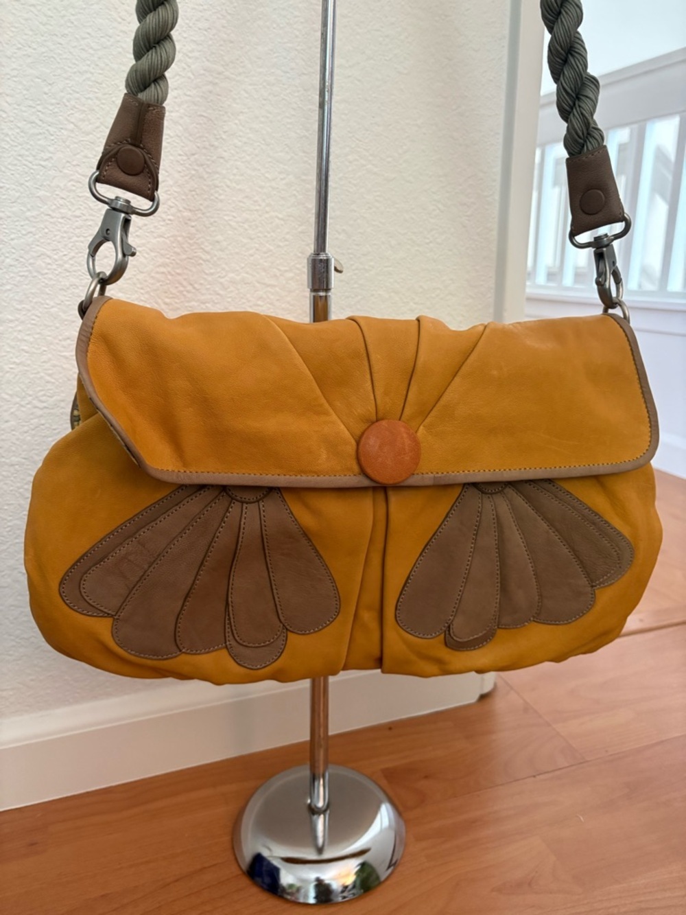 Mustard Suede Shoulder Bag with Braided Olive Strap - Picture 2 of 6